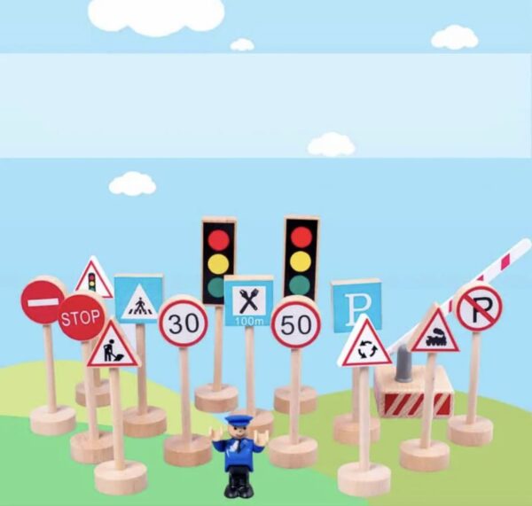 Jeu de panneaux de signalisation en bois